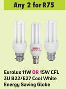Game Eurolux 11w or 15w cfl 3u b22/e27 cool white energy saving globe-for any 2 offer