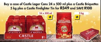 CASTLE Lager Cans 24 x 500ml + Briquettes 5kg + Firelighters Tin