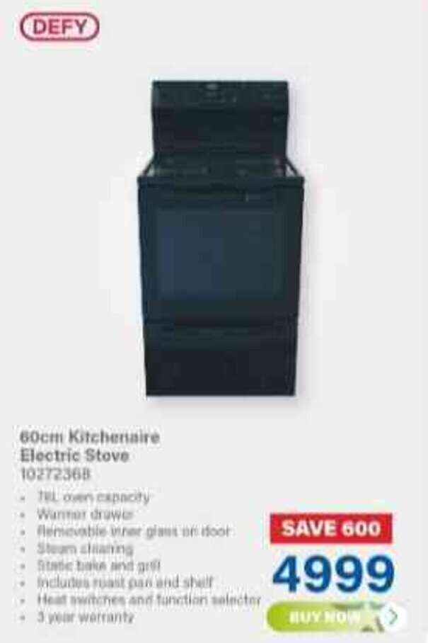 Defy 60cm Kitchenaire Electric Stove offer at Incredible Connection