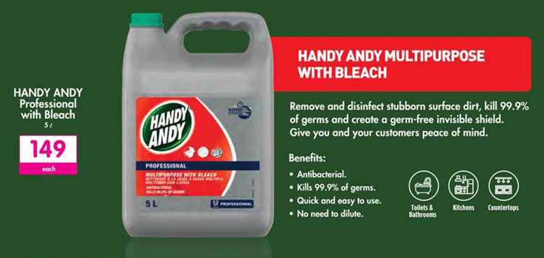 HANDY ANDY Multipurpose with Bleach 3L offer at Makro