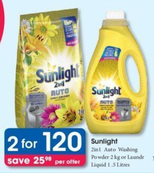 Sunlight 2in1 Auto Washing Powder 2kg or Liquid 1.5 litres offer at Clicks