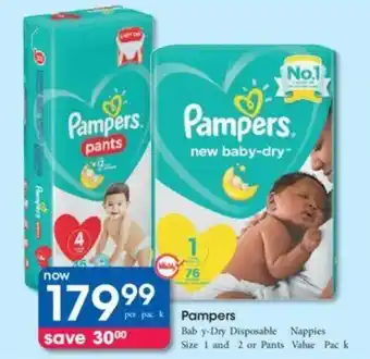 Clicks Pampers Baby Dry Disposable Nappies or Pants value pack offer