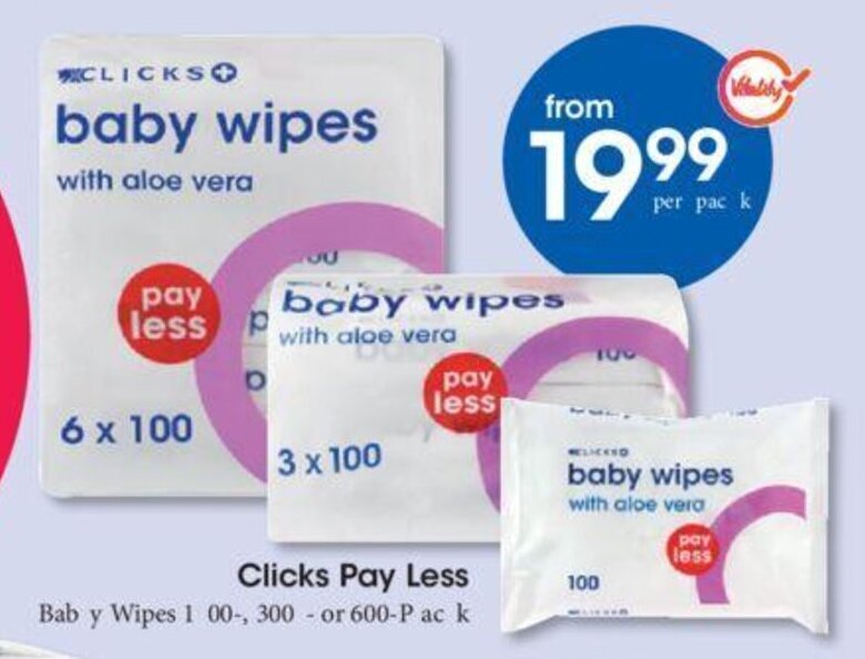 Clicks+ Baby Wipes 100, 3 x 100, 6 x 100 per pack offer at Clicks