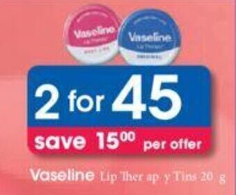 Clicks Vaseline Lip Therapy Tins 2 x 20g offer