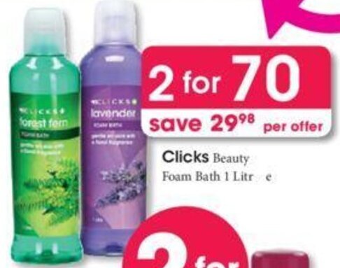 Clicks+ Beauty Foam Bath 2 x 1 litre offer at Clicks