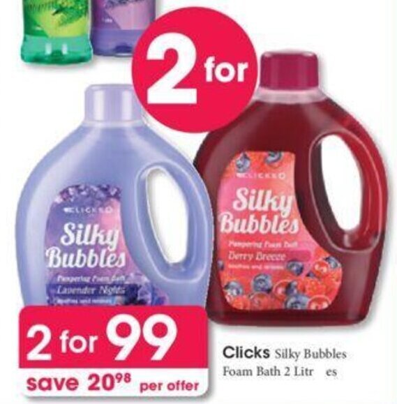 Clicks+ Silky Bubbles Foam Bath 2 x 2 litres offer at Clicks