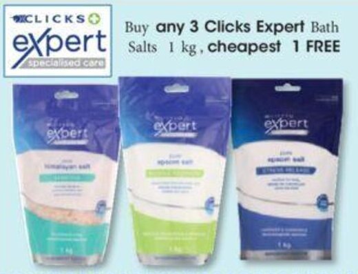 Buy any 3 Clicks+ Expert Bath Salts 1kg offer at Clicks