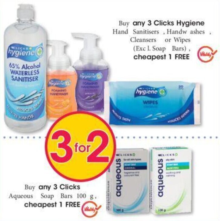 Buy any 3 Clicks+ Hygiene Hand Sanitisers, Handwashes, Cleansers or