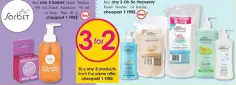 Clicks Buy any 3 Sorbet Hand Washes 500ml, Hand Sanitisers 50ml or Soap Bars 80g , Oh So Heavenly Hand Washes or Refills offer