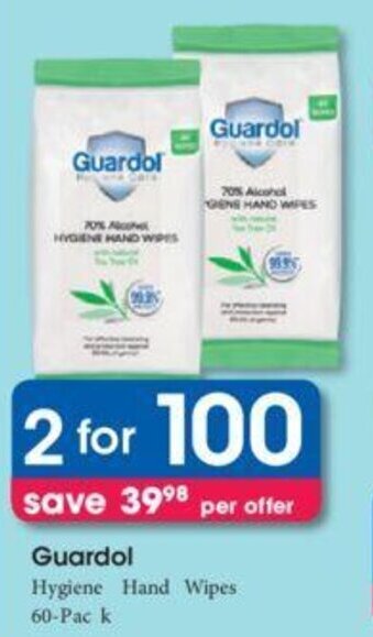 Clicks Guardol Hygiene Hand Wipes 2 x 60-pack offer