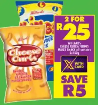 Shoprite Williards Cheese Curls/ Flings Maize 2x 150g offer