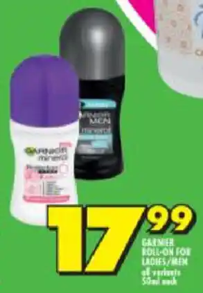 Shoprite Garnier Roll-On for Ladie/Men 50ml offer