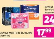 Always maxi pads assorted-8s, 9s, 10s pack each offer at Game