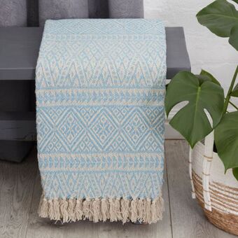 Cotton club multi border throw - duck egg blue