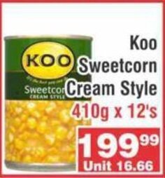 Advance Cash n Carry Koo Sweetcorn Cream Style 410g x 12's offer