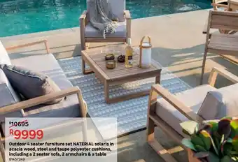 Leroy Merlin Outdoor 4 seater furniture set naterial solaris in acacia wood, steel and taupe polyester cushions, including a 2 seater sofa offer