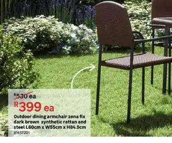 Outdoor dining armchair zena fix dark brown sunthetic rattan and steel l60cm x w55cm x h84.5cm