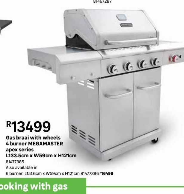 Gas braai with wheels 4 burner megamaster apex series l133.5cm x w59cm x h121cm offer at Leroy