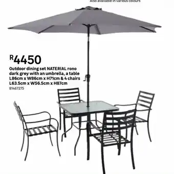 Leroy Merlin Outdoor dining set naterial rono dark grey with an umbrella, a table l86cm x w86cm x h71cm & 4 chairs l63.5cm x w56.5cm x h87 offer