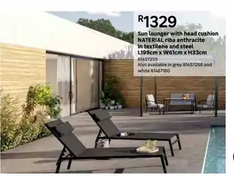 Sun lounger with head cushion naterial riba anthracite in textilene and steel l199cm x w61cm x h33cm