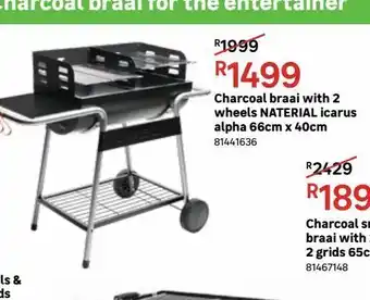 Cahrcoal braai with 2 wheels naterial icarus alpha 66cm x 40cm
