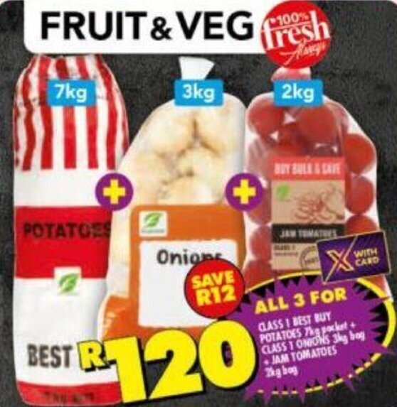 Class 1 Best Buy Potatoes 7kg + Class 1 Onions 3kg Bag + Jam Tomatoes