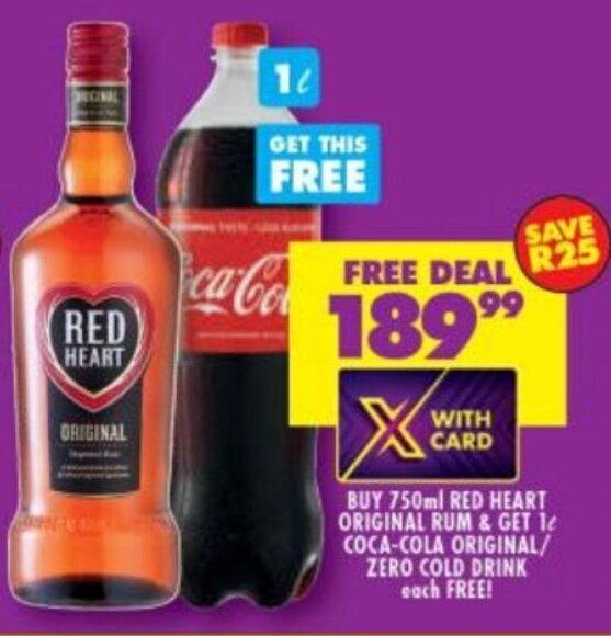 Buy 750ml Red Heart Original Rum & Get 1L CocaCola Original/ Zero Cold