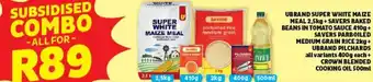 Usave Urband Super White Maize Meal 2,5kg + Savers Baked Beans in Tomato Sauce 410g + Savers Parboiled Medium Grain Rice 2kg offer