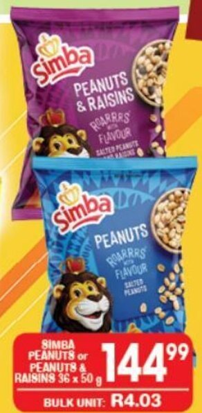 Giant Hyper Simba Peanuts or Peanuts & Raisins 36 x 50g offer