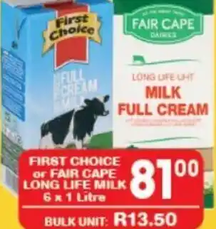 Giant Hyper First Choice or Fair Cape Long Life Milk 6 x 1L offer