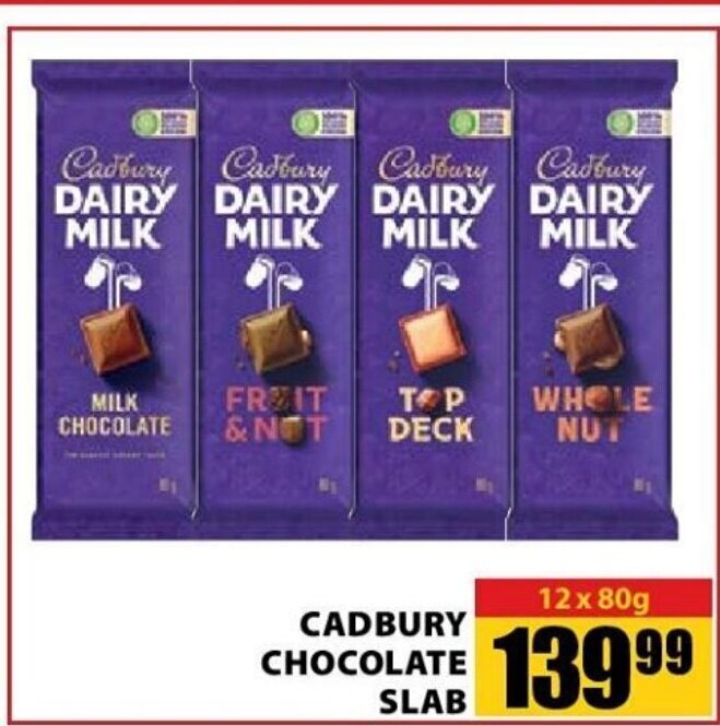 Cadbury Chocolate Slab 12x80g offer at Jumbo