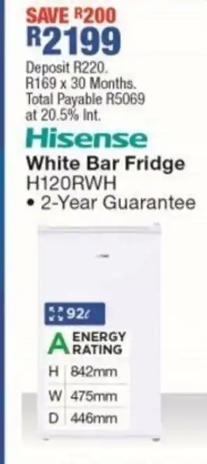 OK Furniture Hisense - White Bar Fridge - H120RWH offer