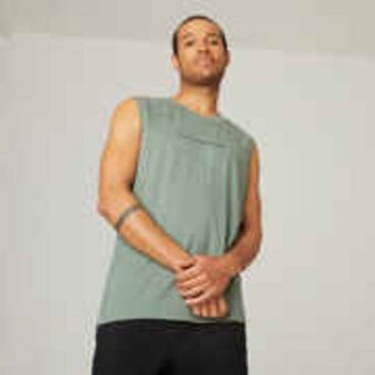 Decathlon Men's crew neck straight-cut cotton fitness tank top 500 - green with pattern offer