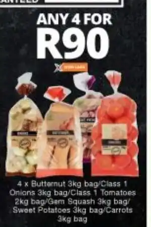 4x Butternut 3kg / Class 1 Onions 3kg / Class 1 Tomatoes 2kg / Gem Squash 3kg / Sweet Potatoes 3kg / Carrots 3kg