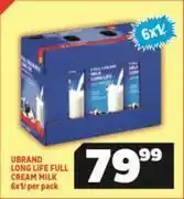 Usave Ubrand long life full cream milk-6 x 1ltr per pack offer