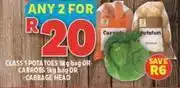 Usave Class 1 potatoes 1kg bag or carrots 1kg bag or cabbage head-for any 2 offer