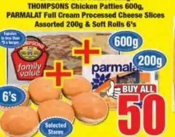 Boxer Thompsons Chicken Patties 600g, Parmalat Full Cream Processed Cheese Slices Assorted 200g & Soft Rolls 6's offer