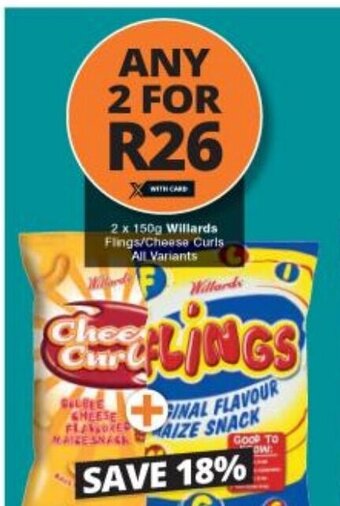 Checkers Willards Flings / Cheese Curls All Variants 2 x 150g offer