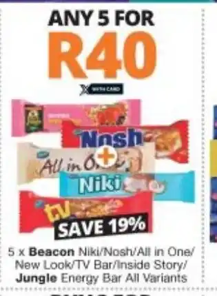 Checkers 5 x Beacon Niki/Nosh / All in One / New Look / Tv Bar / Inside Story / Jungle Energy Bar All Variants offer