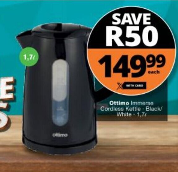 Ottimo Immerse Cordless Kettle Black White 1.7L offer at Checkers