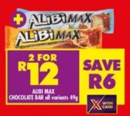 Shoprite Alibi Max Chocolate Bar all variants 2 x 49g offer