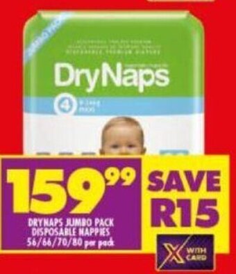 Shoprite Dry Naps Jumbo Pack Disposable Nappies 56 / 66 / 70 / 80 per pack offer