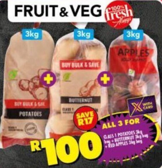 Class 1 Potatoes 3kg + Butternut 3kg + Red Apples 3kg Bag offer at Shoprite