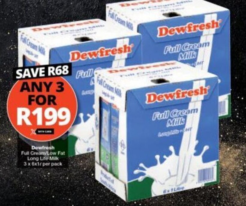 Dewfresh Full Cream Low Fat Long Life Milk 3 x 6 x 1L per pack offer at