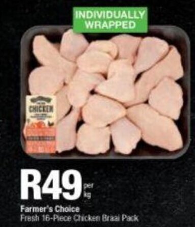 Checkers Farmer's Choice Fresh 16-Piece Chicken Braai Pack per kg offer