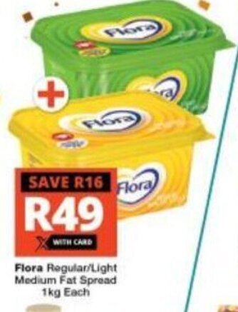 Checkers Flora Regular / Light Medium Fat Spread 1 kg each offer