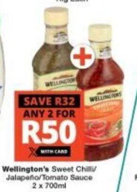 Checkers Wellington's Sweet Chilli / Jalapeño / Tomato Sauce 2 x 700 ml offer
