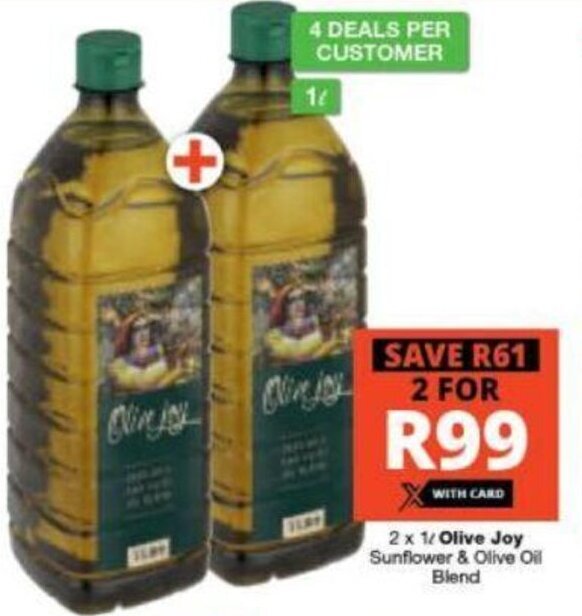 Olive Joy Sunflower & Olive Oil Blend 2 x 1L offer at Checkers