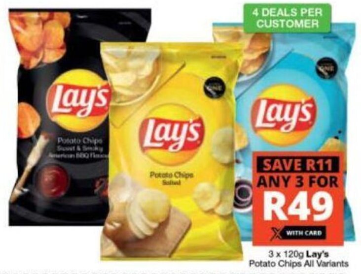 Lay's Potato Chips All Variants 3 x 120g offer at Checkers