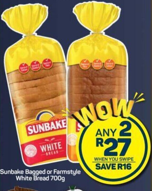 Sunbake Bagged or Farmstyle White Bread 2 x 700g offer at Pick n Pay